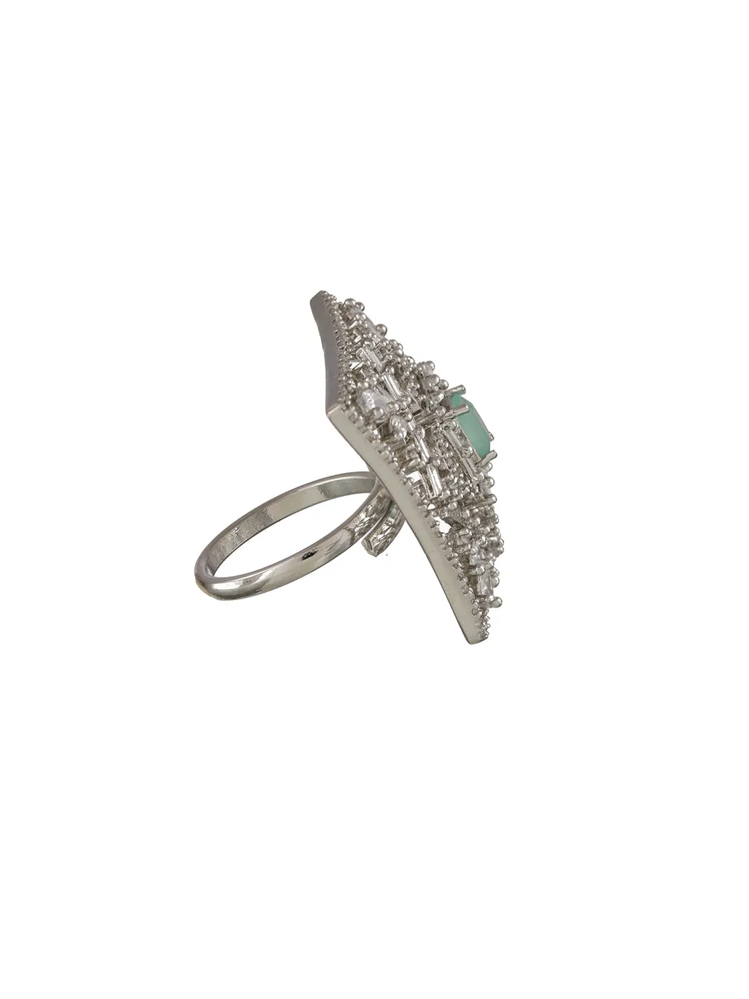 Silver-Plated Mint Green Ad-Studded Handcrafted Adjustable Finger Ring