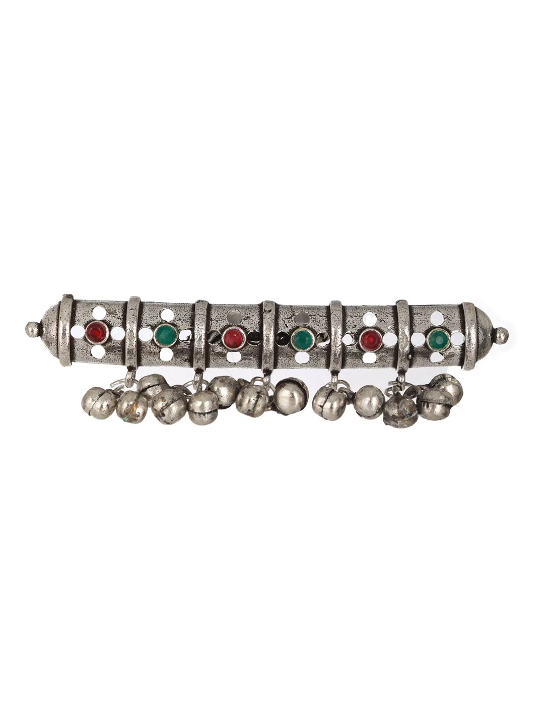 Silver Plated Red &Amp; Green Stone Studded Adjustable Finger Ring