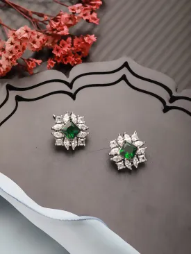 Silver-Toned & Green Cubic Zirconia-Studded Classic Studs Earrings