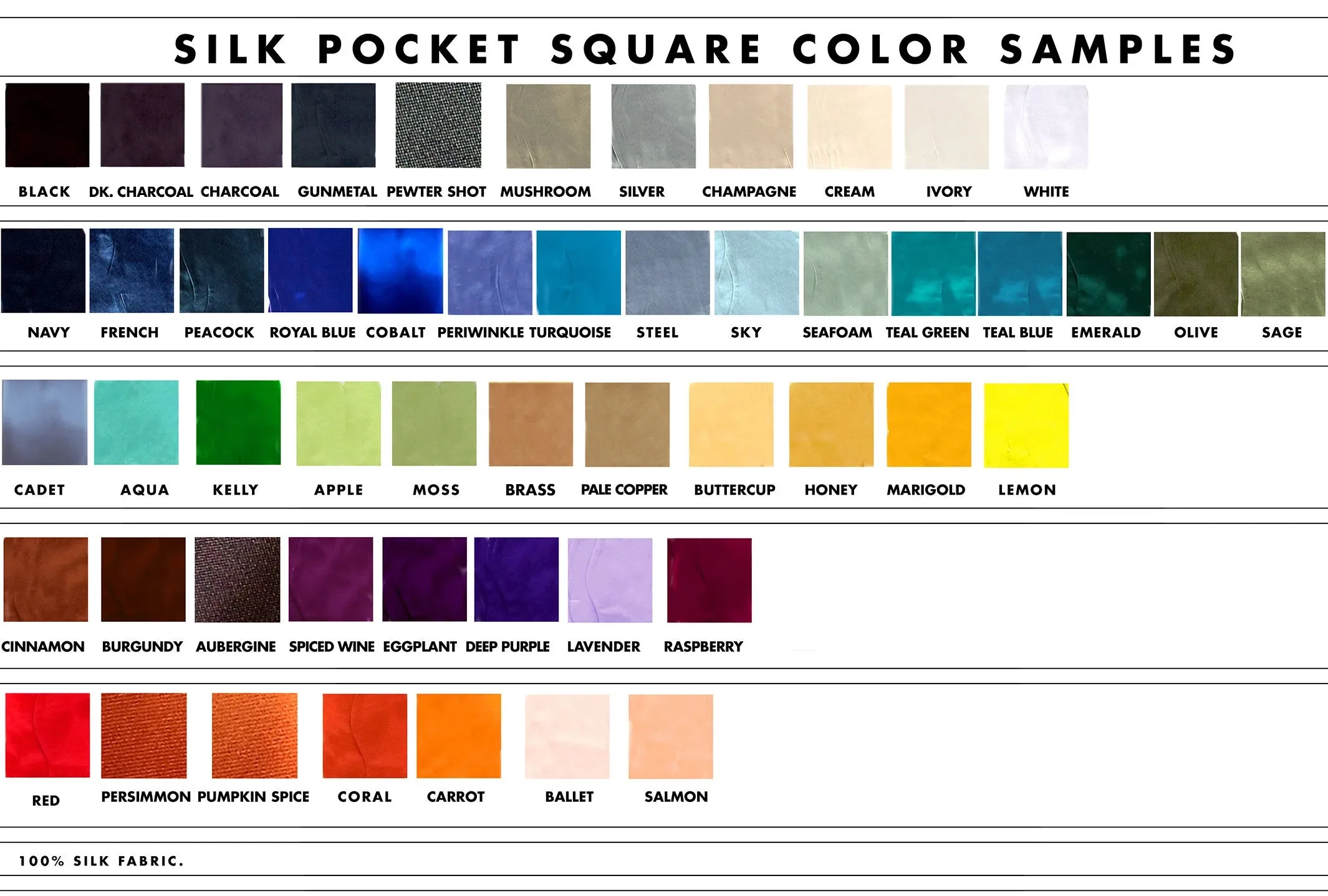 Solid Color Silk Pocket Squares. 50  Colors! Plain, No Print