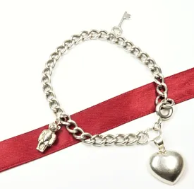 Sterling Silver Heart Teddy And Key Lucky Charm Bracelet 1960