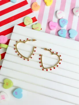 Studded Gold Heart Hoop Earrings - Red