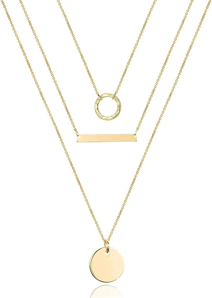 Turandoss Dainty Layered Choker Necklace, Handmade 14K Gold Plated Y Pendant Necklace Multilayer Bar Disc Necklace Adjustable Layering Choker Necklaces for Women