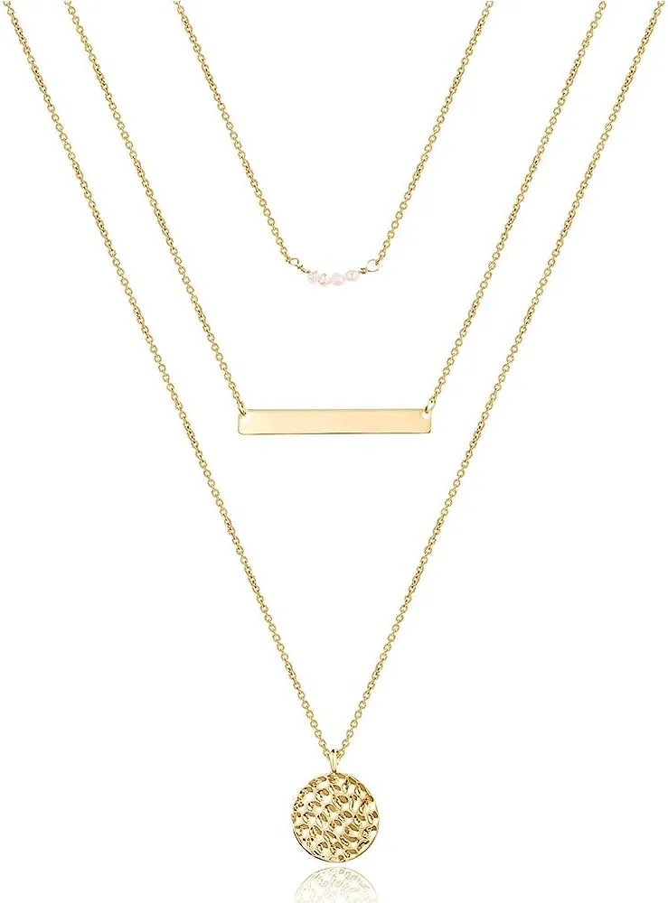 Turandoss Dainty Layered Choker Necklace, Handmade 14K Gold Plated Y Pendant Necklace Multilayer Bar Disc Necklace Adjustable Layering Choker Necklaces for Women