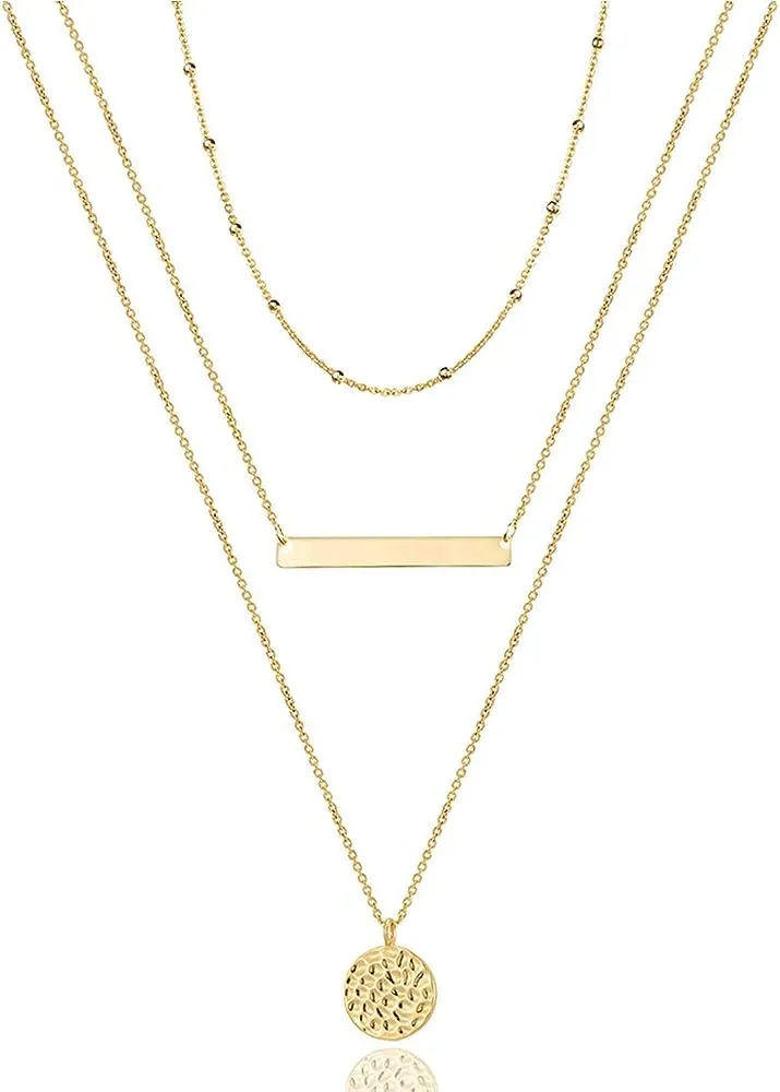 Turandoss Dainty Layered Choker Necklace, Handmade 14K Gold Plated Y Pendant Necklace Multilayer Bar Disc Necklace Adjustable Layering Choker Necklaces for Women