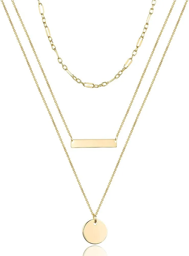 Turandoss Dainty Layered Choker Necklace, Handmade 14K Gold Plated Y Pendant Necklace Multilayer Bar Disc Necklace Adjustable Layering Choker Necklaces for Women