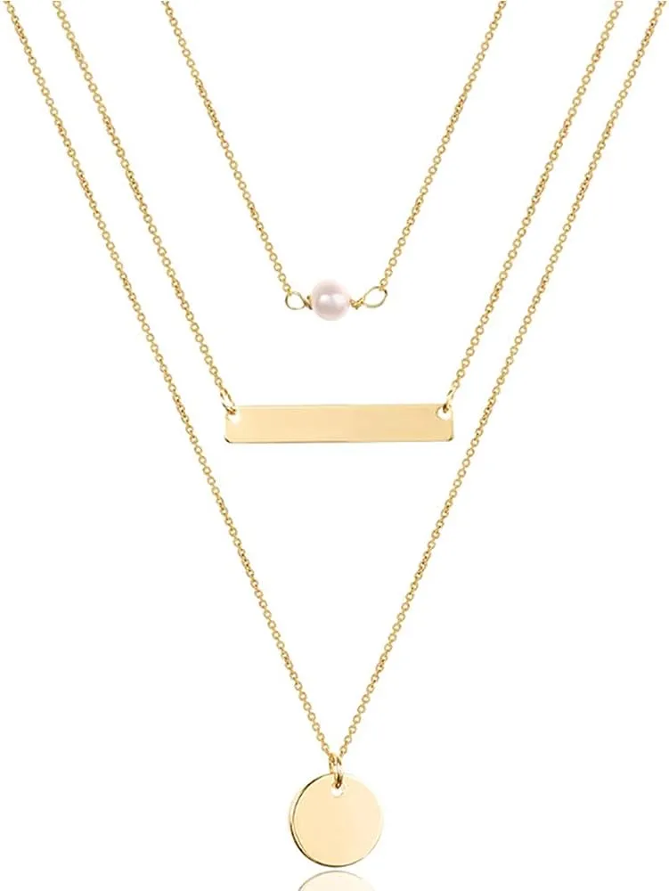 Turandoss Dainty Layered Choker Necklace, Handmade 14K Gold Plated Y Pendant Necklace Multilayer Bar Disc Necklace Adjustable Layering Choker Necklaces for Women