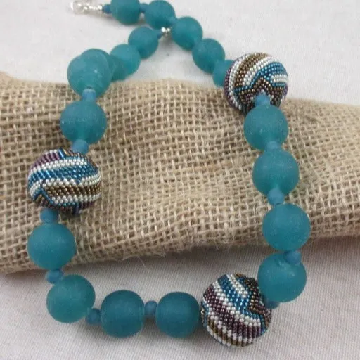 Turquoise Indonesian Glass Artisan  Bead  Necklace