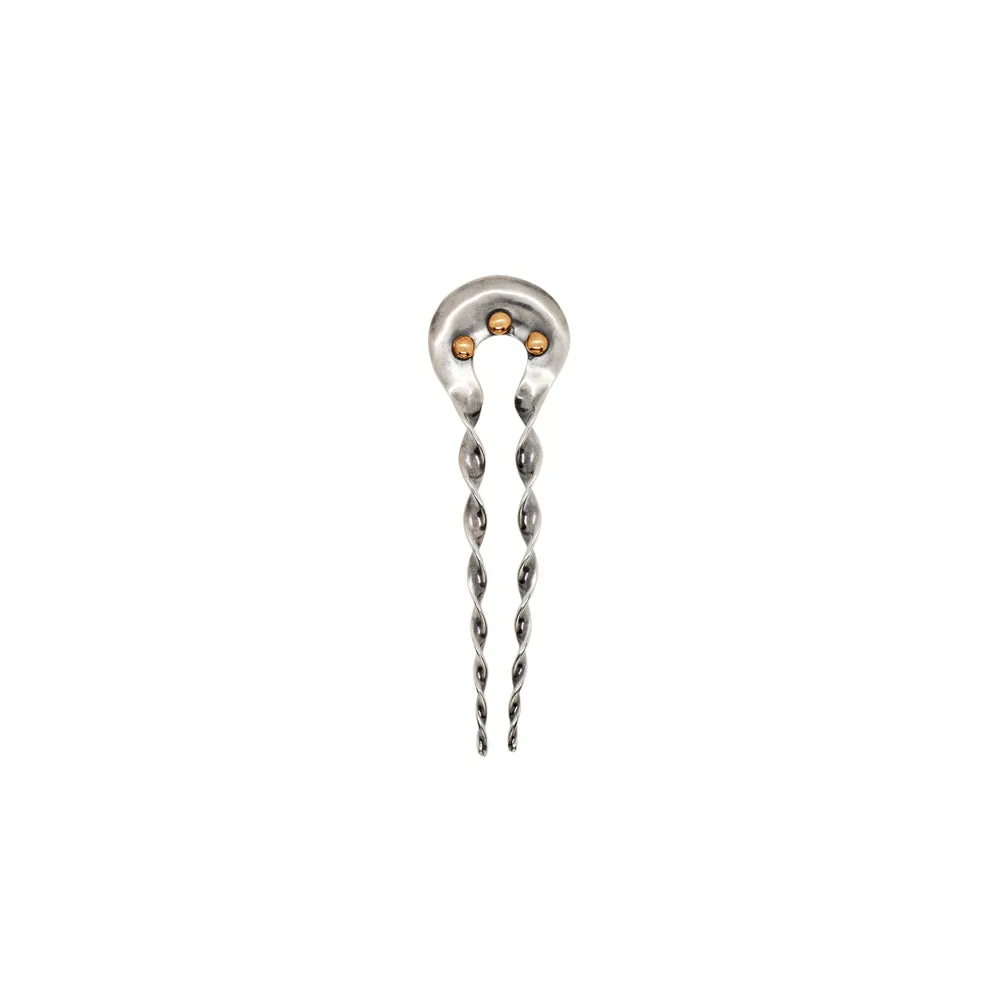 Twisted & Studded Hair Pin in Silver with Bronze Beads