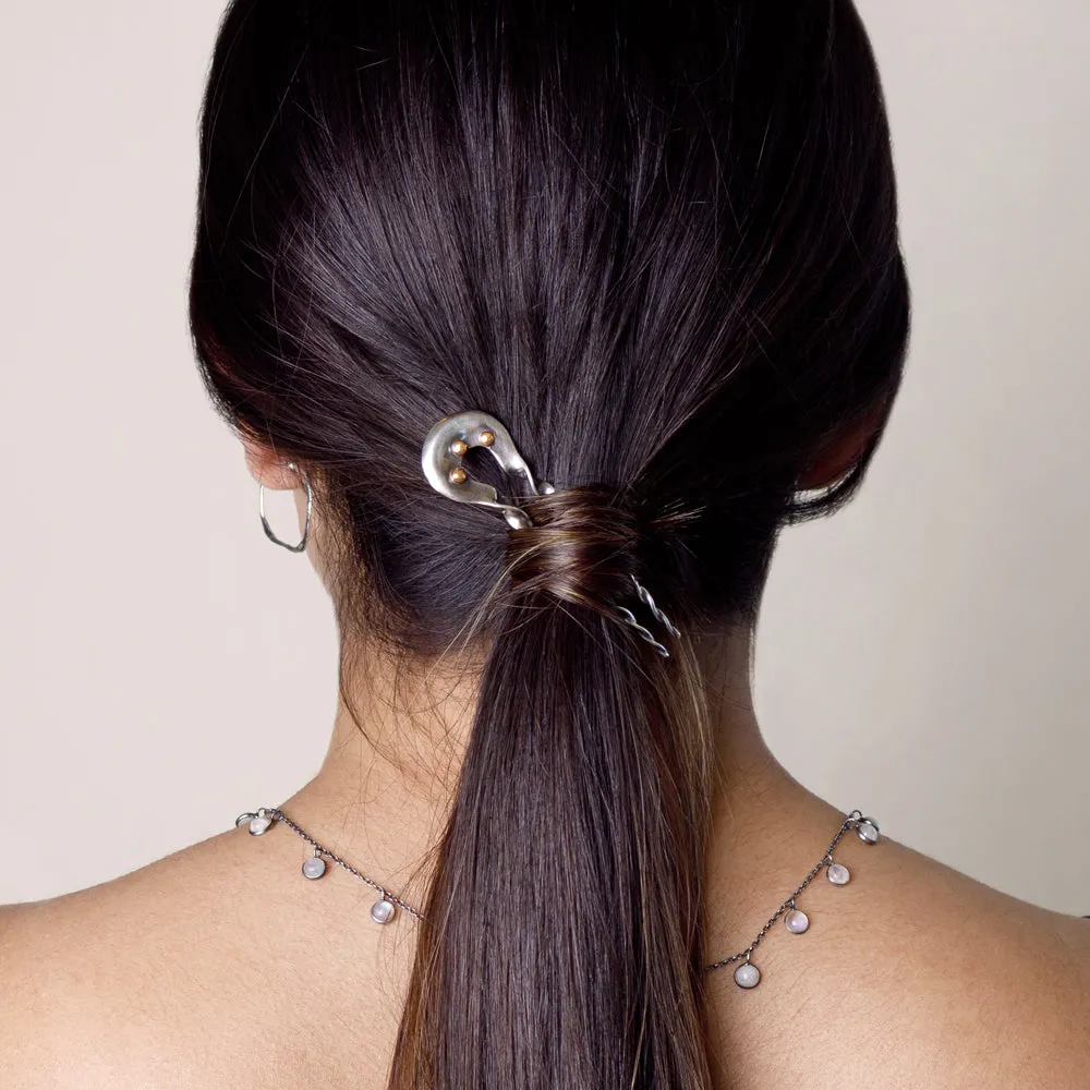 Twisted & Studded Hair Pin in Silver with Bronze Beads