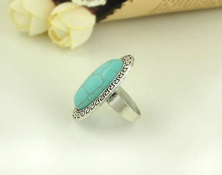 Vintage Bohemian Style Antique Silver Oval Turquoise Adjustable Rings For Women Jewelry