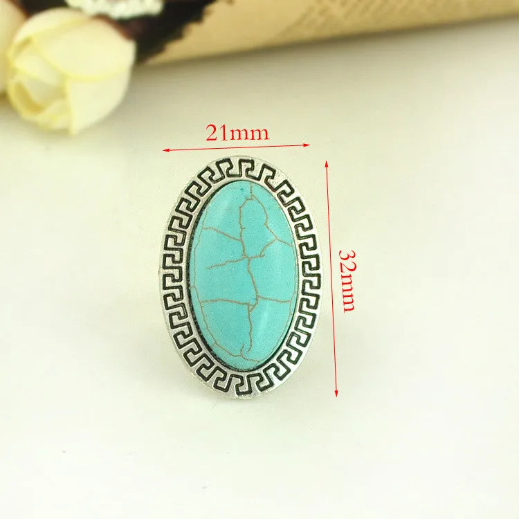 Vintage Bohemian Style Antique Silver Oval Turquoise Adjustable Rings For Women Jewelry