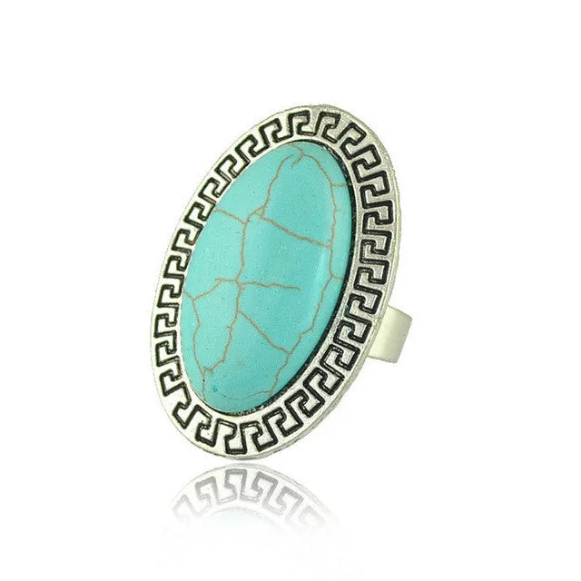 Vintage Bohemian Style Antique Silver Oval Turquoise Adjustable Rings For Women Jewelry