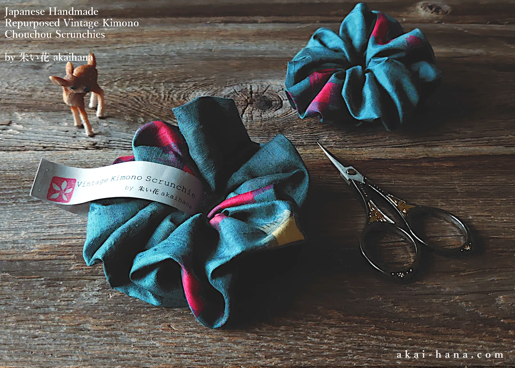 Vintage Kimono Scrunchies, Dark Blue Green x Red, Japanese Handmade scvk0011