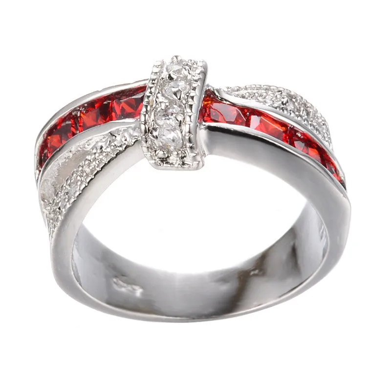 Women Lady Fashion Jewelry White Gold Filled Rings Red Color Zircon Trendy Ring