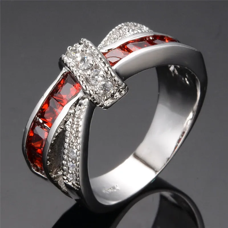 Women Lady Fashion Jewelry White Gold Filled Rings Red Color Zircon Trendy Ring