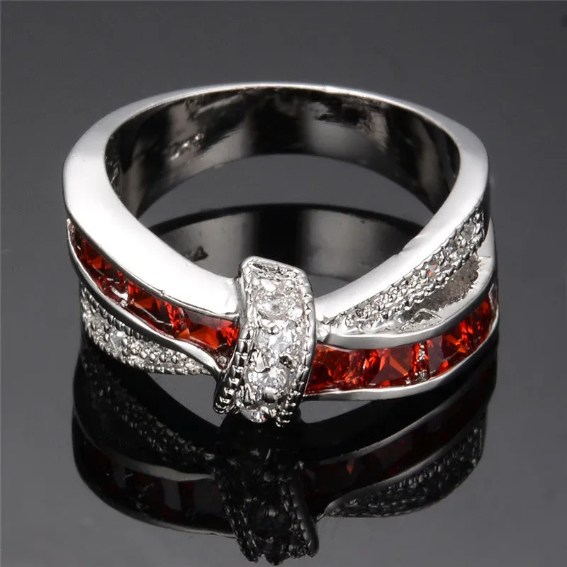 Women Lady Fashion Jewelry White Gold Filled Rings Red Color Zircon Trendy Ring