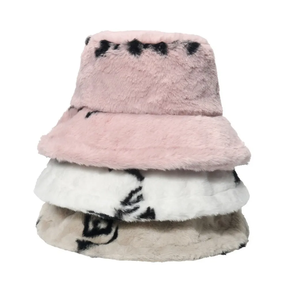 Women Winter Bucket Hat Letter Print Warm Hats Faux Fur Plush Fisherman Cap